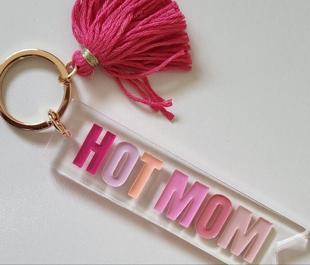 HOT MOM Tassel Keychain - Pink Ombre Letters